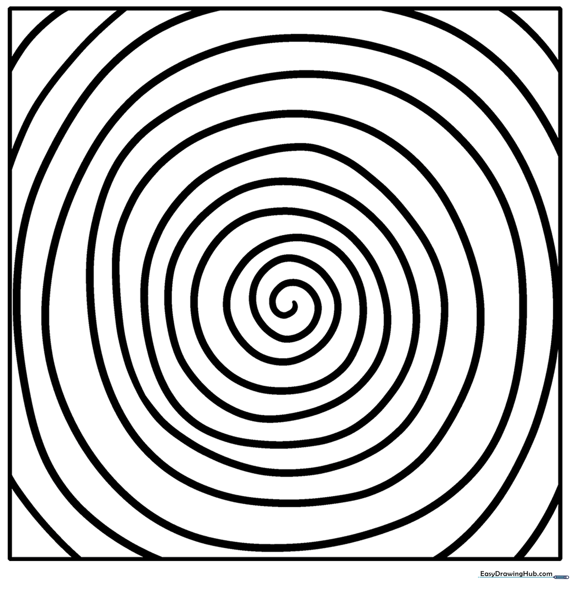 Black and white line art of a complex spiral pattern made of irregular circles, designed for educational coloring and pattern recognition.