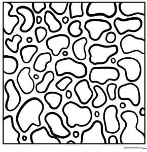 Black and white abstract coloring sheet featuring interlocking irregular round shapes and organic patterns for kids.