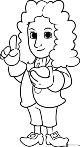 Cartoon illustration of Isaac Newton standing with a quill and parchment, designed as an educational coloring page for children.