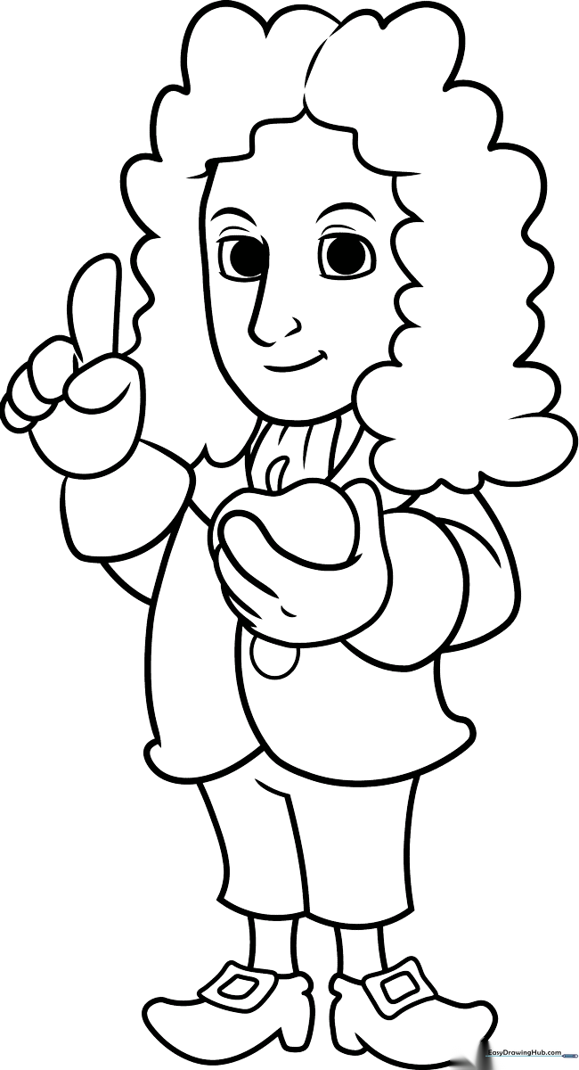 Cartoon illustration of Isaac Newton standing with a quill and parchment, designed as an educational coloring page for children.