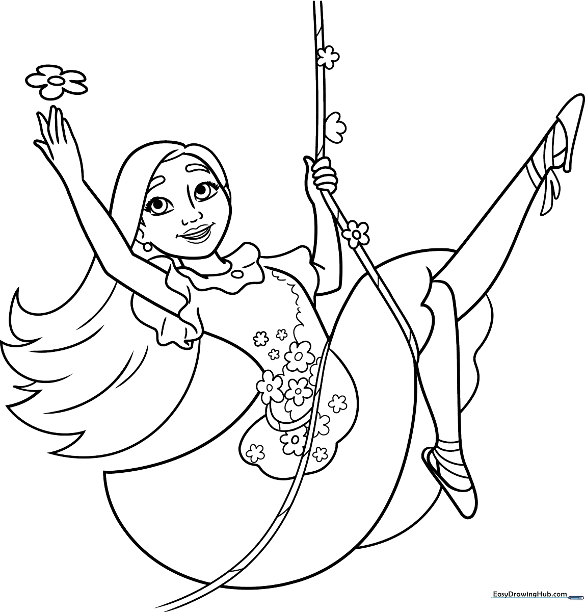 Line art illustration of Isabela from Encanto featuring her signature floral dress and flowing hair, designed for children to color.