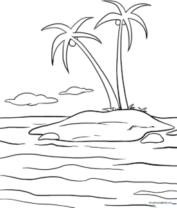 Black and white line art of a tropical island with palm trees and ocean waves, ready for children to color.