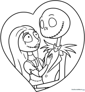 Black and white line art of Jack Skellington and Sally standing together, designed for children to color with markers or crayons.