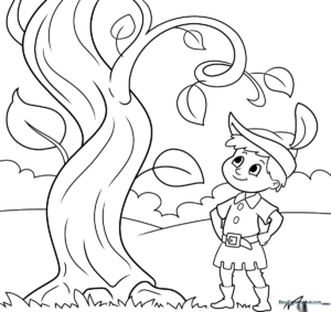Line art illustration of Jack looking up at a towering beanstalk, designed for children to color with markers or crayons.
