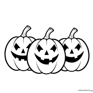 Three friendly Jack-o'-Lanterns with distinct carved faces, featuring clean black outlines on a white background for easy coloring.