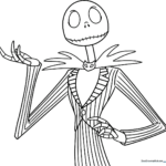 Detailed line art of Jack Skellington from The Nightmare Before Christmas, featuring his signature wide grin and hollow eyes, ready for coloring.