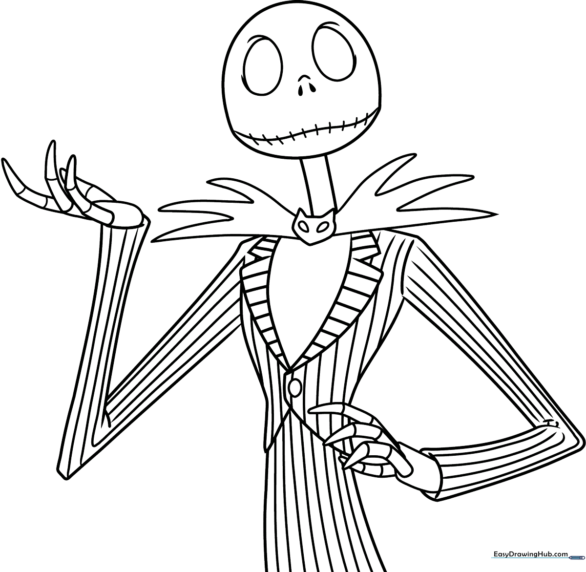 Detailed line art of Jack Skellington from The Nightmare Before Christmas, featuring his signature wide grin and hollow eyes, ready for coloring.