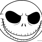 Black and white line art of Jack Skellington's face with large hollow eyes and a stitched mouth, designed for children to color.