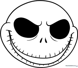 Black and white line art of Jack Skellington's face with large hollow eyes and a stitched mouth, designed for children to color.