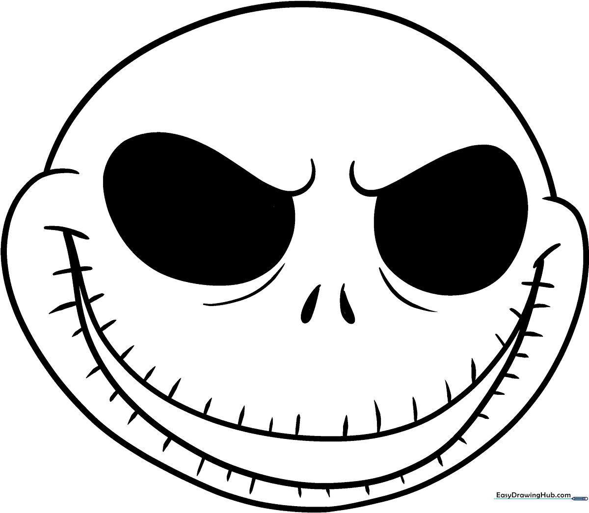 Black and white line art of Jack Skellington's face with large hollow eyes and a stitched mouth, designed for children to color.