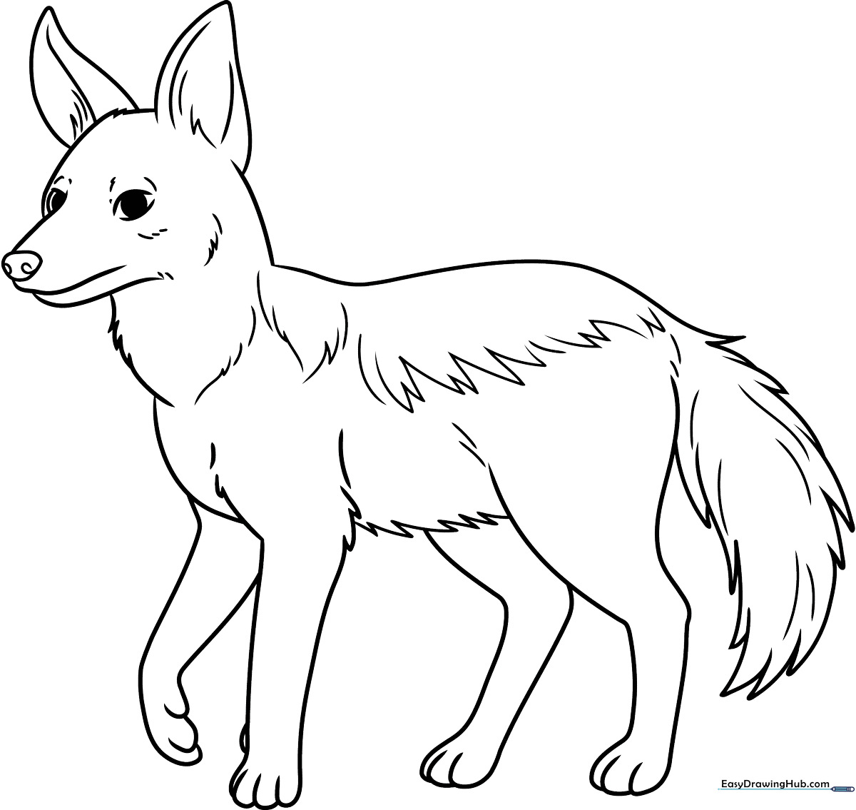 Cartoon jackal with large ears and a bushy tail, outlined in bold black lines for easy coloring by children.
