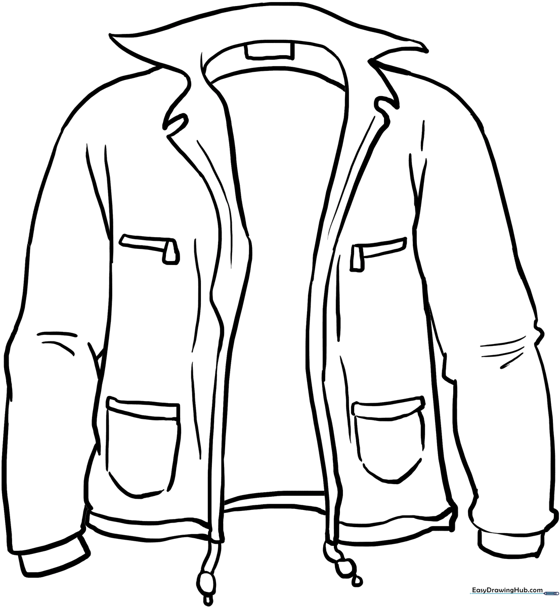 Black and white line art of a casual zip-up jacket with clear outlines, perfect for children to color with markers or crayons.