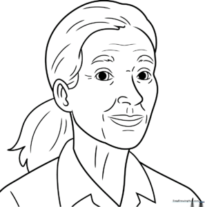 Detailed line art of Jane Goodall for coloring, featuring clear outlines and educational portrait style for children.