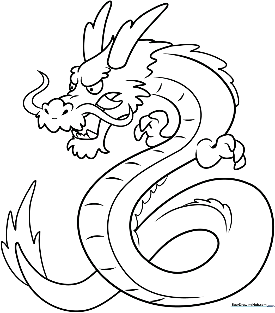 Detailed line art of a Japanese dragon with flowing whiskers and scales, ready for coloring on a white background.