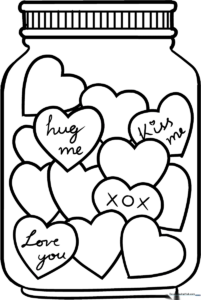 A clean, black-and-white line art illustration of a glass jar filled with various sized hearts, ready for children to color.