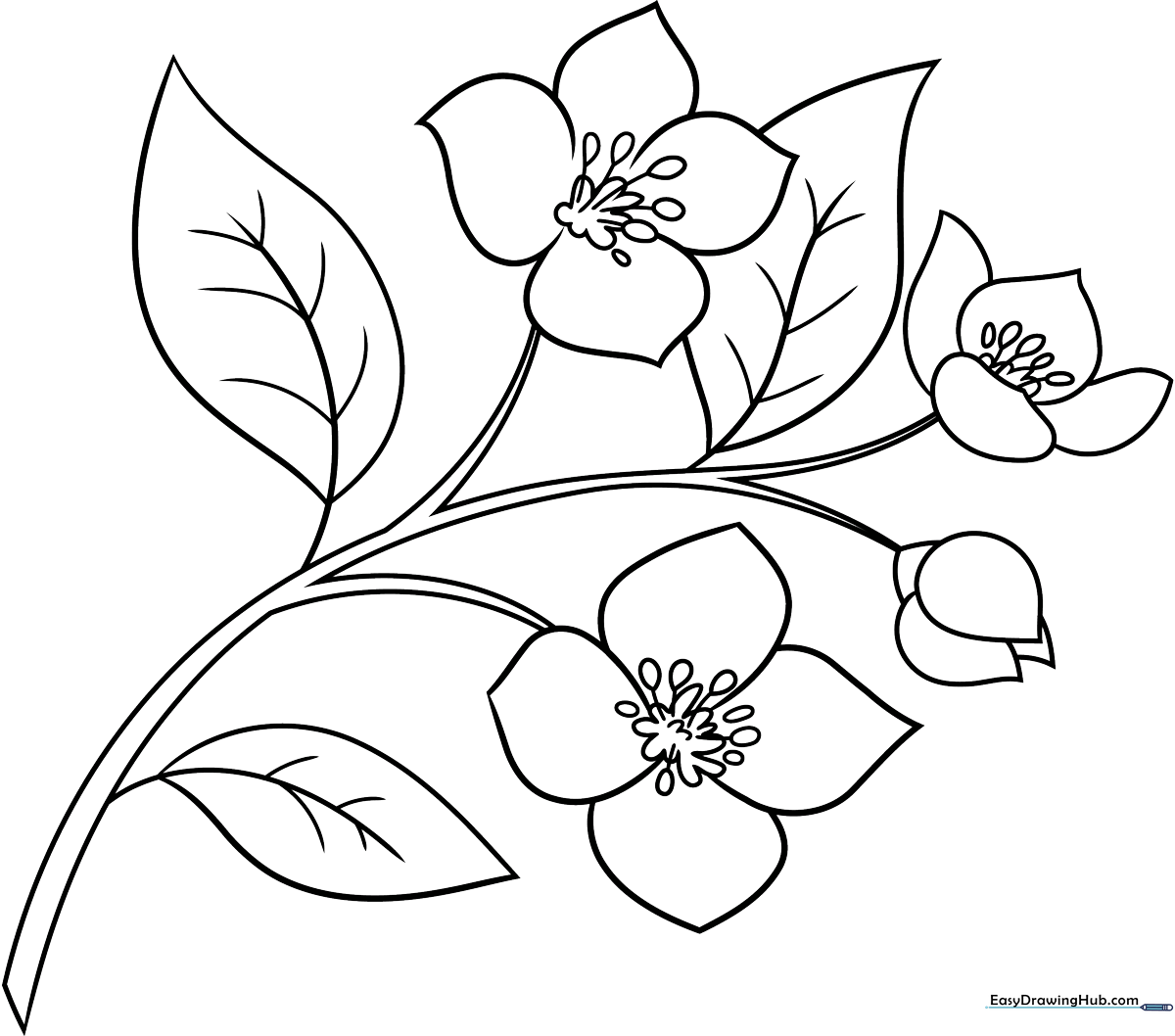 Black and white line art of a jasmine flower with delicate petals and leaves, designed for children to color.