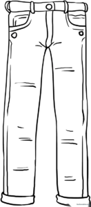Black and white line art of a pair of classic denim jeans, featuring clear outlines for easy coloring and educational practice.