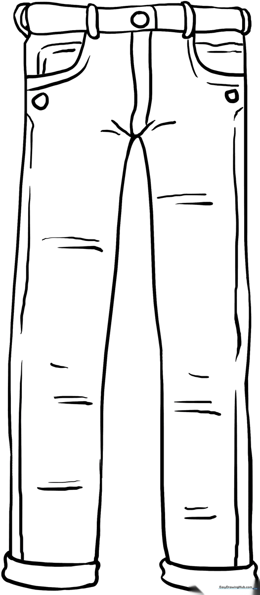 Black and white line art of a pair of classic denim jeans, featuring clear outlines for easy coloring and educational practice.