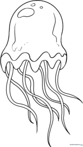 Black and white line art of a friendly jellyfish with a rounded bell and long, flowing tentacles, designed for children to color.