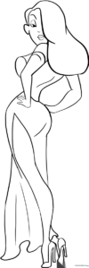 Black and white line art of Jessica Rabbit featuring her signature wavy hair and elegant pose, designed for children to color.