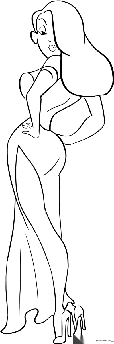 Black and white line art of Jessica Rabbit featuring her signature wavy hair and elegant pose, designed for children to color.