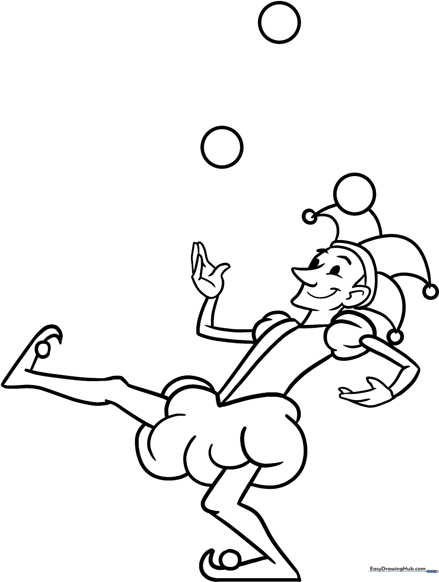 Black and white line art of a friendly jester wearing a traditional three-pointed hat with bells, perfect for children to color with crayons or markers.