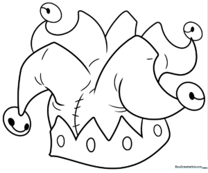 Black and white line art of a three-pointed jester hat with small bells at the tips, ready for children to color.