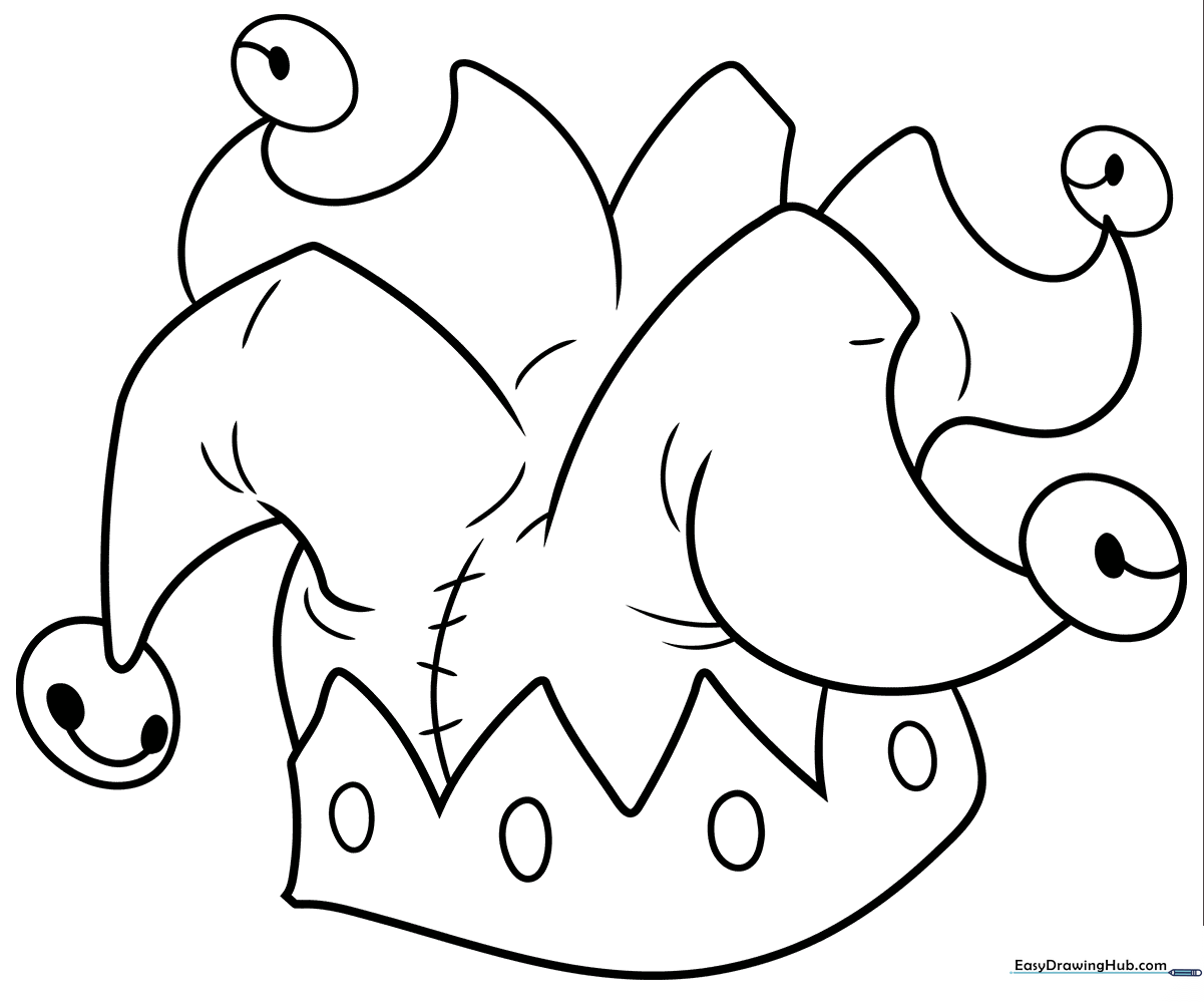 Black and white line art of a three-pointed jester hat with small bells at the tips, ready for children to color.