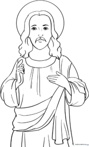 A friendly, simple line-art illustration of Jesus for children to color, featuring clear outlines and open spaces for easy coloring.