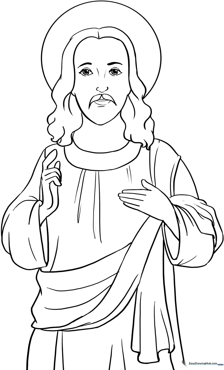 A friendly, simple line-art illustration of Jesus for children to color, featuring clear outlines and open spaces for easy coloring.