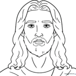 Black and white line art of a gentle Jesus face, featuring clear outlines for easy coloring by children.