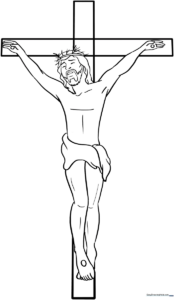 Line art illustration of Jesus on the cross, featuring clear outlines suitable for children to color with markers or crayons.