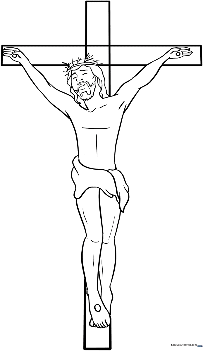 Line art illustration of Jesus on the cross, featuring clear outlines suitable for children to color with markers or crayons.