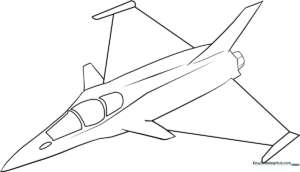 Black and white line art of a sleek jet plane with bold outlines, designed for children to color with crayons or markers.