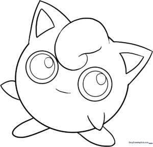Black and white line art of Jigglypuff with its signature round body, large expressive eyes, and curled tuft of hair, ready for coloring.