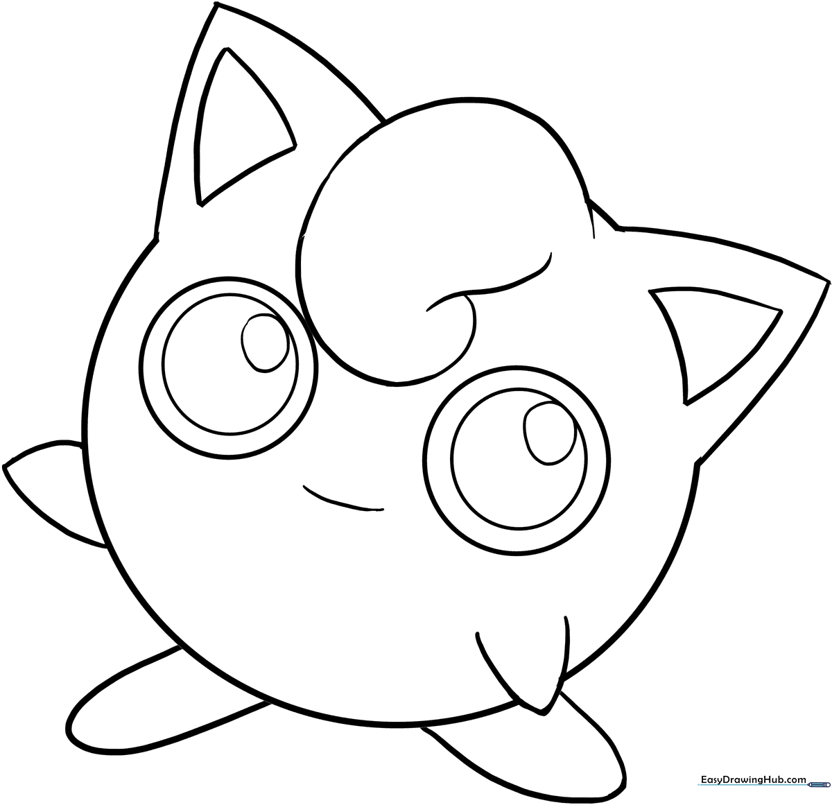 Black and white line art of Jigglypuff with its signature round body, large expressive eyes, and curled tuft of hair, ready for coloring.