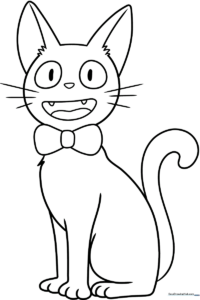 Black line art of Jiji the cat with large expressive eyes, ready for coloring on a white background.