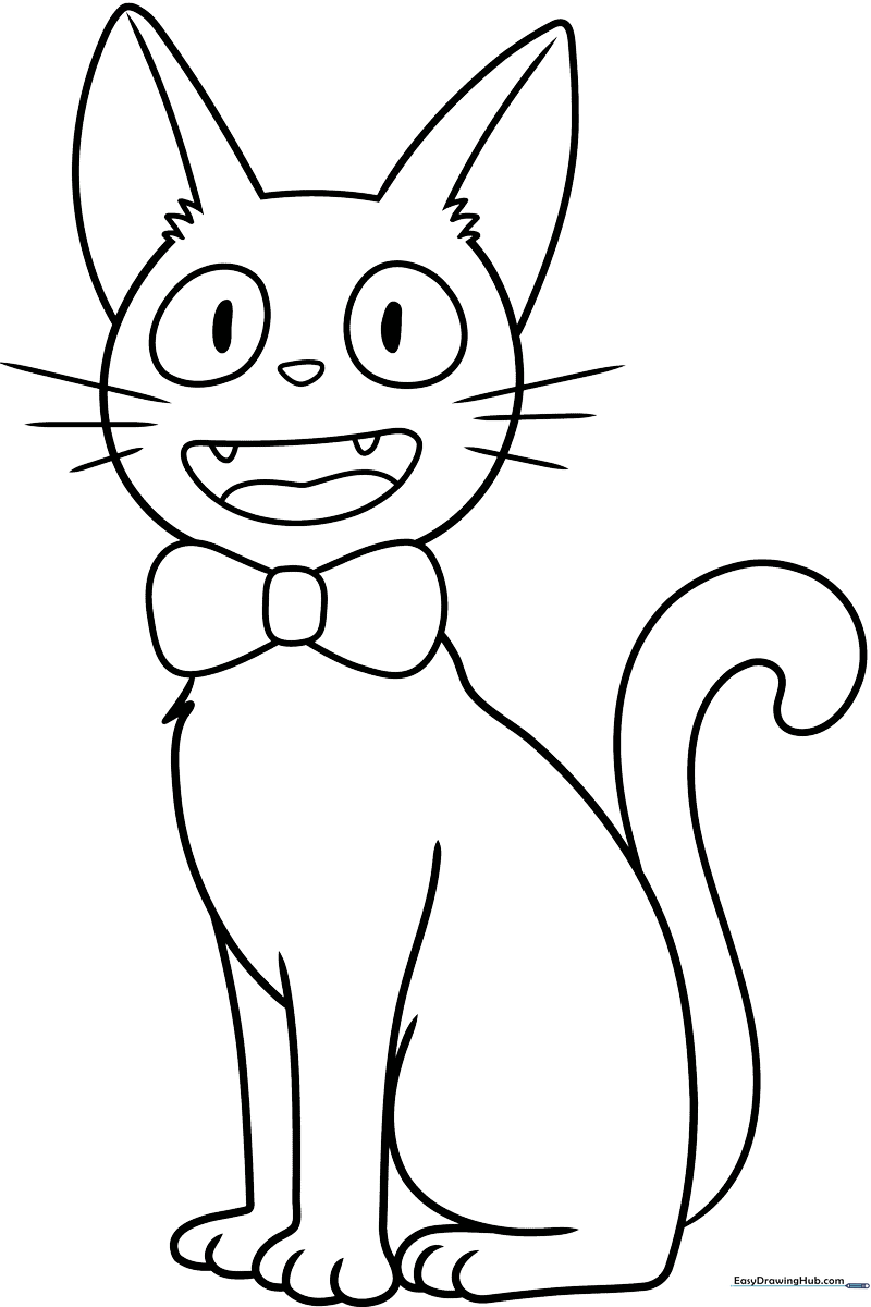 Black line art of Jiji the cat with large expressive eyes, ready for coloring on a white background.