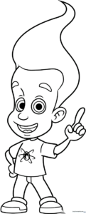 Black and white line art of Jimmy Neutron standing with his signature large hair, ready for children to color with crayons or markers.