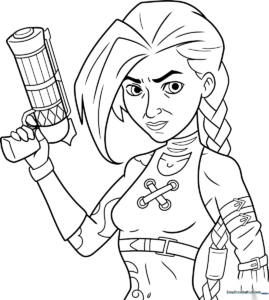 Detailed line art of Jinx from Arcane featuring her signature braids and outfit, designed for intermediate coloring practice.