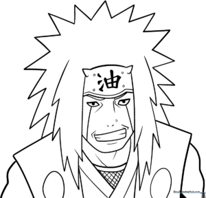 Black and white line art of Jiraiya from Naruto, featuring his iconic spiky hair and headband, ready for coloring.
