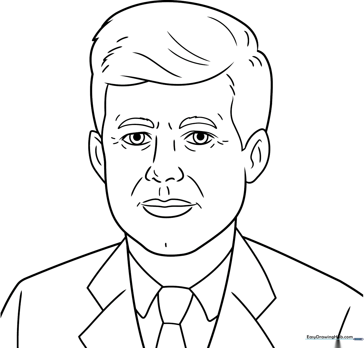 Black and white line art portrait of John F. Kennedy with clear outlines for easy coloring by children.