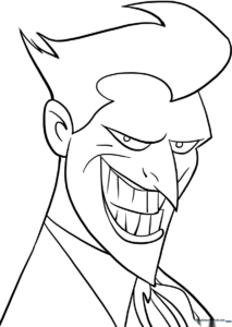 Black and white line art of the Joker character, featuring clean outlines perfect for children to color with markers or crayons.