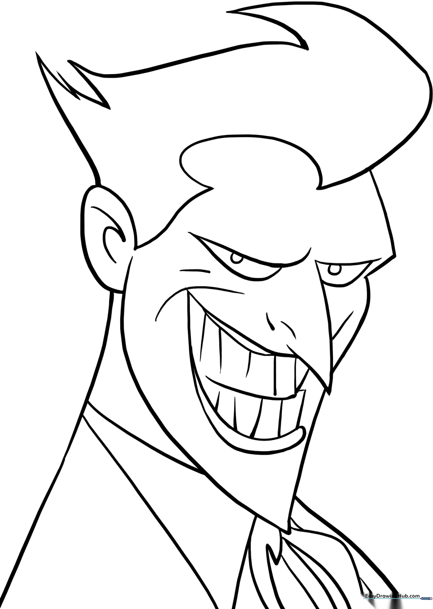 Black and white line art of the Joker character, featuring clean outlines perfect for children to color with markers or crayons.