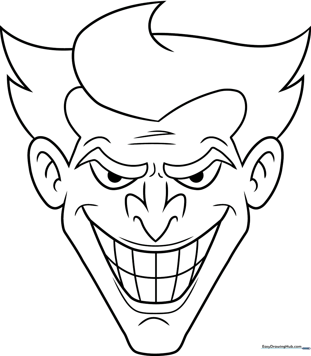 Black and white line art of the Joker's face, featuring his signature wide grin and messy hair, ready for coloring.