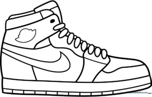 A clean, black-and-white line art illustration of a high-top basketball sneaker, featuring bold outlines and clear panels for easy coloring.