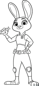Black and white line art of Judy Hopps from Zootopia, featuring clear outlines for easy coloring by children.