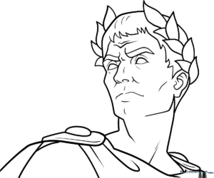Black and white line art of Julius Caesar wearing a traditional Roman laurel wreath and toga, designed for children to color.