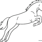 Black and white line art of a horse mid-jump, featuring clean outlines suitable for children to color with crayons or markers.