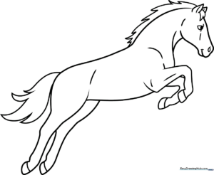 Black and white line art of a horse mid-jump, featuring clean outlines suitable for children to color with crayons or markers.